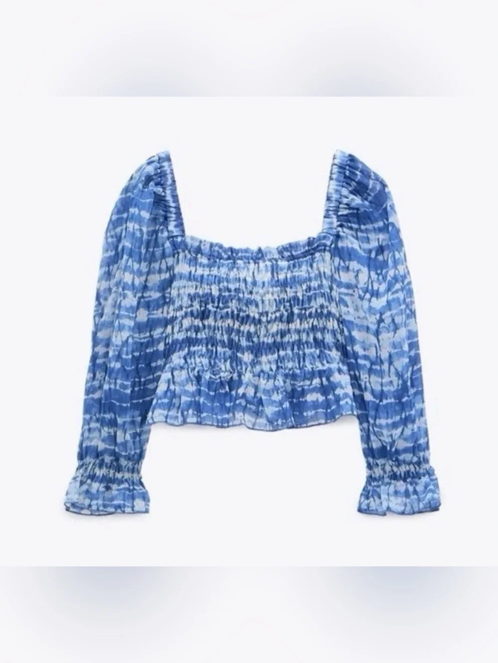 Zara Blue Tie-Dye Cropped Off The Shoulder Shirred Peplum Top w Puff Sleeves-Sm